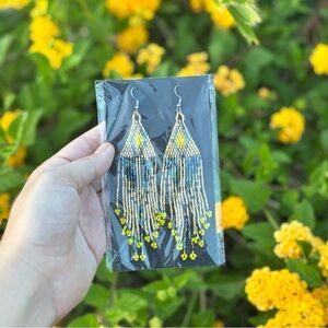 NEW Gold, Yellow & Iridescent Blue Beaded Earrings